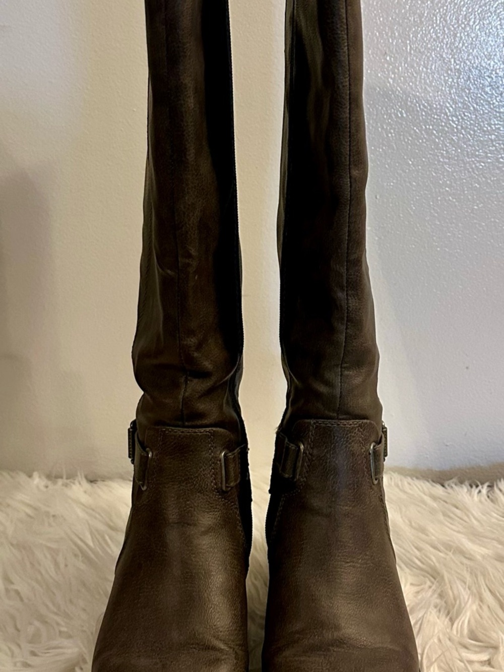 Bare Trap Wide Calf Knee-High Buckle Riding Boots in Taupe - Picture 5 of 9